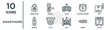 smarthome outline icon set such as thin line smarthome, clock, wifi, cctv, power, stove, remote icons for report, presentation, diagram, web design