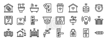 set of 24 outline web smarthome icons such as development, toilet, shower, card, trash, smarthome, speaker vector icons for report, presentation, diagram, web design, mobile app