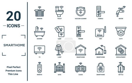 smarthome linear icon set. includes thin line window, shower, tv, remote, kettle, finger, development icons for report, presentation, diagram, web design