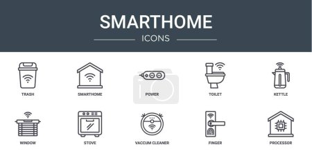 set of 10 outline web smarthome icons such as trash, smarthome, power, toilet, kettle, window, stove vector icons for report, presentation, diagram, web design, mobile app