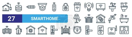 set of 27 outline web smarthome icons such as smarthome, speaker, power, light, window, kettle, vaccum cleaner, intercom vector thin line icons for web design, mobile app.