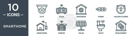 smarthome outline icon set includes thin line cctv, clock, processor, power, vaccum cleaner, smarthome, window icons for report, presentation, diagram, web design