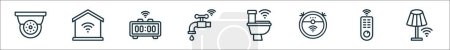 outline set of smarthome line icons. linear vector icons such as cctv, smarthome, clock, water, toilet, vaccum cleaner, remote, lamp
