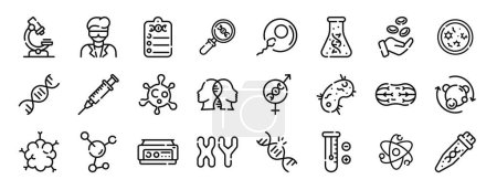 Satz von 24 umrissenen Webgenetik-Symbolen wie Mikroskop, Wissenschaftler, Bericht, Forschung, Befruchtung, Fläschchen, Zellvektorsymbole für Bericht, Präsentation, Diagramm, Webdesign, mobile App