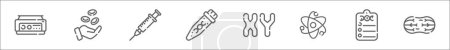 Ilustración de Esquema conjunto de iconos de línea genética. iconos vectoriales lineales como centrifugadora, célula, jeringa, prueba, cromosoma, átomo, informe, anafase - Imagen libre de derechos