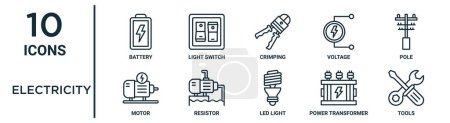 electricity outline icon set such as thin line battery, crimping, pole, resistor, power transformer, tools, motor icons for report, presentation, diagram, web design