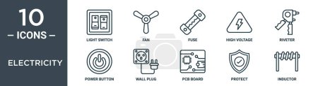 electricity outline icon set includes thin line light switch, fan, fuse, high voltage, riveter, power button, wall plug icons for report, presentation, diagram, web design