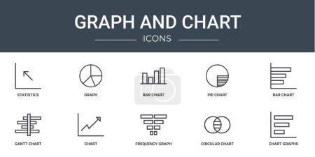 set of 10 outline web graph and chart icons such as statistics, graph, bar chart, pie chart, bar gantt vector icons for report, presentation, diagram, web design, mobile app