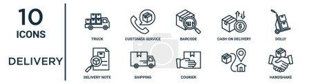 delivery outline icon set such as thin line truck, barcode, dolly, shipping, , handshake, delivery note icons for report, presentation, diagram, web design