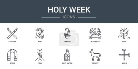 set of 10 outline web holy week icons such as candles, nun, censer, holy week, rise, stole, pray vector icons for report, presentation, diagram, web design, mobile app