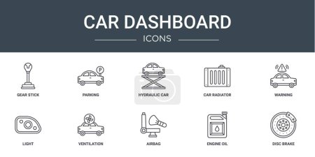 set of 10 outline web car dashboard icons such as gear stick, parking, hydraulic car, car radiator, warning, light, ventilation vector icons for report, presentation, diagram, web design, mobile app