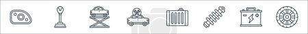 outline set of car dashboard line icons. linear vector icons such as light, gear stick, hydraulic car, car maintenance, radiator, suspension, battery, tyre