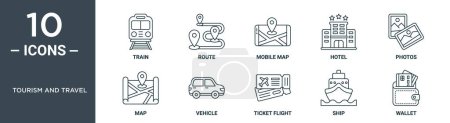 tourism and travel outline icon set includes thin line train, route, mobile map, hotel, photos, map, vehicle icons for report, presentation, diagram, web design