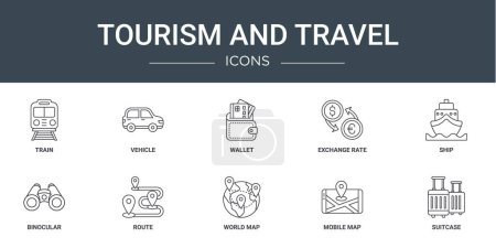 set of 10 outline web tourism and travel icons such as train, vehicle, wallet, exchange rate, ship, binocular, route vector icons for report, presentation, diagram, web design, mobile app