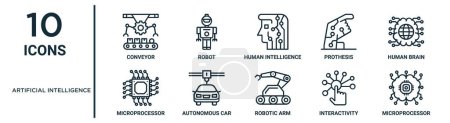 artificial intelligence outline icon set such as thin line conveyor, human intelligence, human brain, autonomous car, interactivity, microprocessor, microprocessor icons for report, presentation,