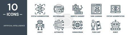artificial intelligence outline icon set includes thin line eyetap augmentation, motherboard, robotic surgery, hine learning, eyetap augmentation, robot, automated icons for report, presentation,