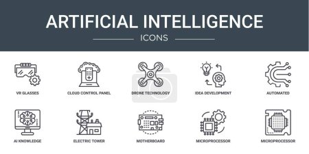 set of 10 outline web artificial intelligence icons such as vr glasses, cloud control panel, drone technology, idea development, automated, ai knowledge, electric tower vector icons for report,