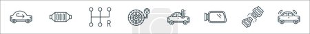 outline set of car dashboard line icons. linear vector icons such as recirculated, catalytic converter, manual transmission, pressure, temperature, car mirror, seat belt, sensor