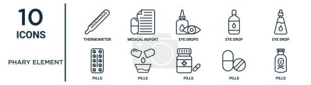 phary element outline icon set such as thin line thermometer, eye drops, eye drop, pills, pills, icônes pour rapport, présentation, diagramme, web design