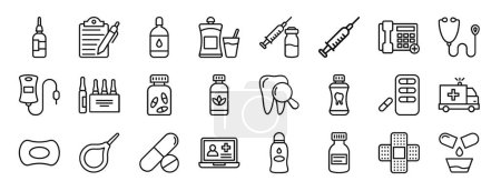 set of 24 outline web phary element icons such as eye drop, medical report, eye drop, pills, pills, injection, emergency phone vector icons for report, presentation, diagram, web design, mobile app