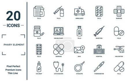 phary element linear icon set. includes thin line pills, pills, pills, eye drop, helicopter icons for report, presentation, diagram, web design