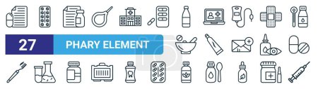 set of 27 outline web phary element icons such as medical report, pills, pills, online phary, toothpaste, flask, pills, injection vector thin line icons for web design, mobile app.