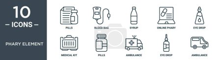 phary element outline icon set includes thin line pills, blood bag, syrup, online phary, eye drop, medical kit, pills icons for report, presentation, diagram, web design
