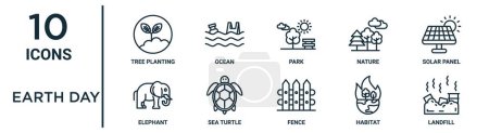 Earth Day Outline Symbolset wie dünne Linie Baumpflanzung, Park, Sonnenkollektor, Meeresschildkröte, Lebensraum, Deponie, Elefanten Symbole für Bericht, Präsentation, Diagramm, Webdesign