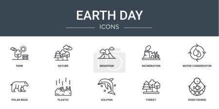 set of 10 outline web earth day icons such as park, nature, mountain, incineration, water conservator, polar bear, plastic vector icons for report, presentation, diagram, web design, mobile app