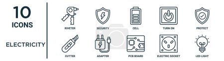 electricity outline icon set such as thin line riveter, cell, protect, adapter, electric socket, led light, cutter icons for report, presentation, diagram, web design