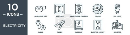 Elektrizitätssymbolset enthält dünnes Isolierband, Schalter, Smartphone-Ladegerät, Schaltung, LED-Licht, Kabel, Zangen-Symbole für Bericht, Präsentation, Diagramm, Webdesign