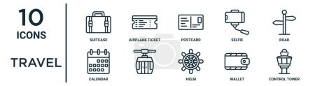 travel outline icon set such as thin line suitcase, postcard, road, , wallet, control tower, calendar icons for report, presentation, diagram, web design