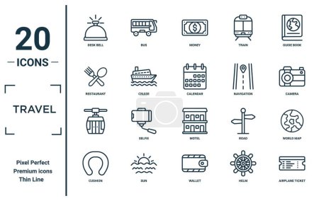 travel linear icon set. includes thin line desk bell, restaurant, , cushion, airplane ticket, calendar, world map icons for report, presentation, diagram, web design