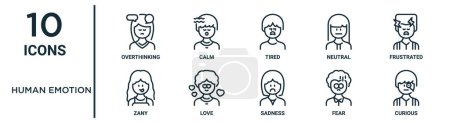 conjunto de iconos de contorno de emoción humana, como la delgada línea de pensamiento excesivo, cansado, frustrado, amor, miedo, curiosidad, iconos de zany para el informe, presentación, diagrama, diseño web