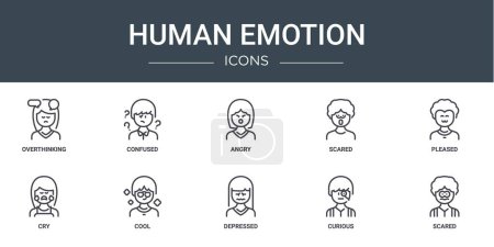 Satz von 10 umreißen Web-menschliche Emotionen Symbole wie überdenken, verwirrt, wütend, verängstigt, erfreut, weinen, kühle Vektor-Symbole für Bericht, Präsentation, Diagramm, Web-Design, mobile App