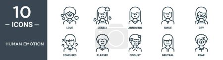 human emotion outline icon set includes thin line love, lonely, annoying, smile, cry, confused, pleased icons for report, presentation, diagram, web design