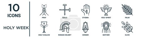 holy week outline icon set such as thin line pray, stigma, palm, roman helmet, mother, olive, holy chalice icons for report, presentation, diagram, web design