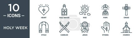 holy week outline icon set includes thin line heart, holy water, rise, pope, cross, stole, candles icons for report, presentation, diagram, web design
