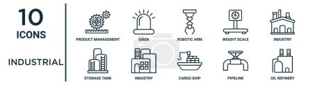 industrial outline icon set such as thin line product management, robotic arm, industry, industry, pipeline, oil refinery, storage tank icons for report, presentation, diagram, web design