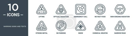 Illustration for Warning signs and texts outline icon set includes thin line lifting, optical radiation, emergency call, no fast food, non ionizing radiation, strong metal, no parking icons for report, presentation, - Royalty Free Image