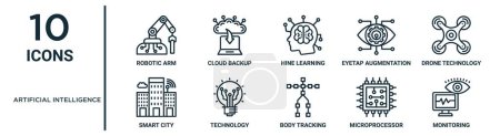 artificial intelligence outline icon set such as thin line robotic arm, hine learning, drone technology, technology, microprocessor, monitoring, smart city icons for report, presentation, diagram,