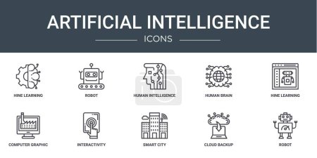 Satz von 10 umrissenen Web-Symbolen künstlicher Intelligenz wie Hine Learning, Roboter, menschliche Intelligenz, menschliches Gehirn, Hine Learning, Computergrafik, Interaktivitätsvektorsymbole für den Bericht,