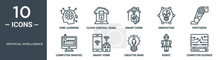 Symbolset für künstliche Intelligenz umfasst Thin Line Hine Learning, Cloud Control Panel, Smart Home, Innovation, Prothese, Computergrafik, Smart Home Icons für Bericht, Präsentation,