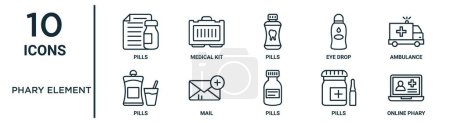 phary element outline icon set such as thin line pills, pills, ambulance, mail, pills, online phary, icons for report, presentation, diagram, web design