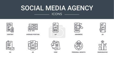 Téléchargez les illustrations : Jeu de 10 icônes de l'agence de médias sociaux tels que le contenu, la position moyenne, la publicité, la sensibilisation, la publicité, la publicité, les icônes vectorielles pour le rapport, la présentation, le diagramme, la conception Web, l'application mobile - en licence libre de droit