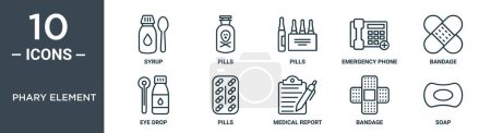 phary element outline icon set includes thin line syrup, pills, pills, emergency phone, bandage, eye drop, pills icons for report, presentation, diagram, web design