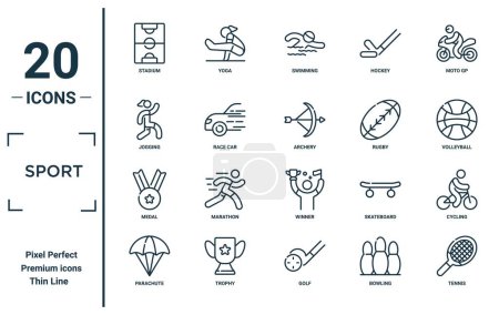 sport linear icon set. includes thin line stadium, jogging, medal, parachute, tennis, archery, cycling icons for report, presentation, diagram, web design
