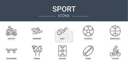Satz von 10 umreißen Web-Sport-Symbole wie moto gp, Schwimmen, Golf, Fußball, Basketball, Skateboard, Gewinner-Vektor-Symbole für Bericht, Präsentation, Diagramm, Web-Design, mobile App