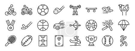 Satz von 24 umrissenen Web-Sport-Symbole wie Radfahren, Moto GP, Fußball, Golf, Fitness-Studio, Skateboard, Schwimmen Vektor-Symbole für Bericht, Präsentation, Diagramm, Web-Design, mobile App