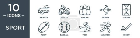 Sport umreißt Symbol-Set umfasst dünne Linie Rennwagen, Moto GP, Bowling, Bogenschießen, Stadion, Rugby, Baseball-Symbole für Bericht, Präsentation, Diagramm, Web-Design